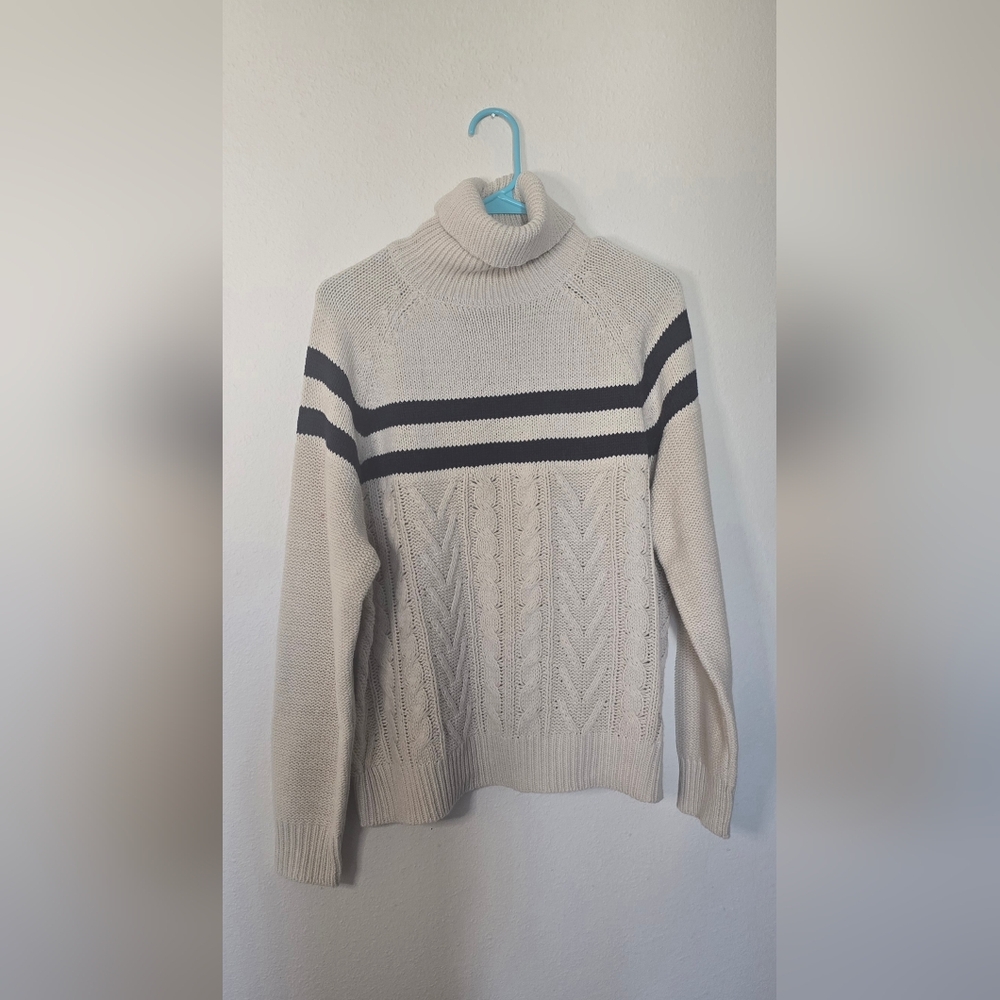 Lalavon Cream Winter Turtleneck Sweater Cable Knit Striped Pullover New Medium